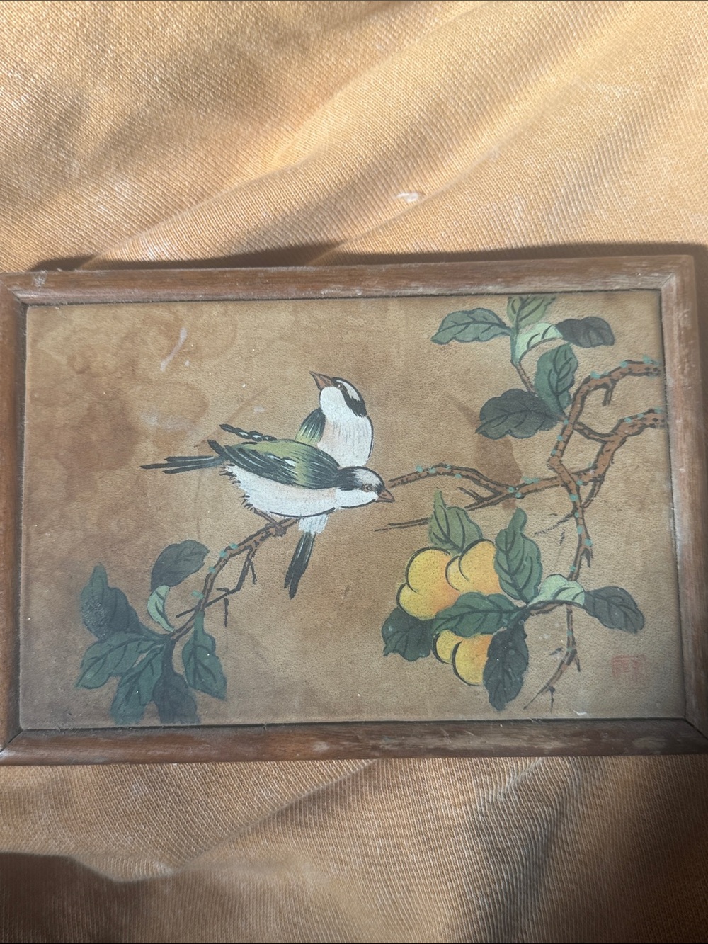 Vintage Bird & Fruit Framed Artwork - Muted Green, Yellow, Brown